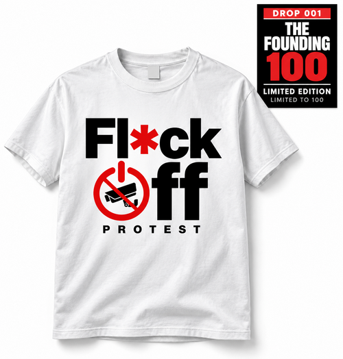 Flock Off Protest white shirt — front mockup